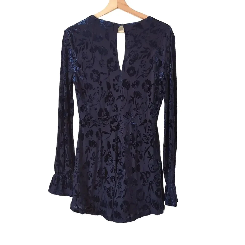 NWT LUSH Women's Blue Velvet‎ Romper Long Bell Sleeve Medium V-Neck Burnout $60